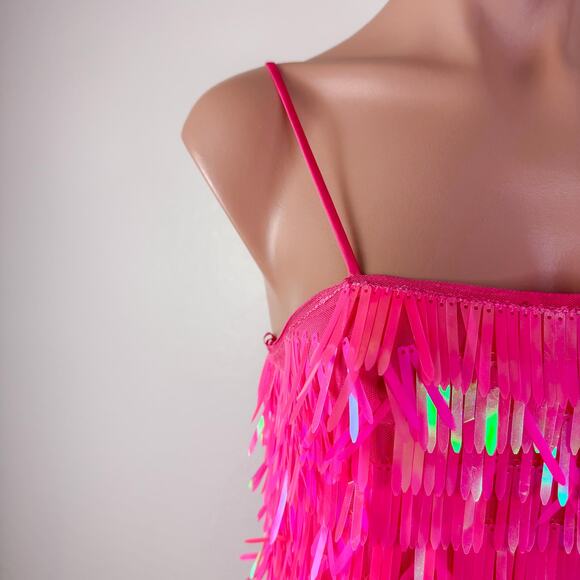 Hot Pink Fringe Sequins Mini Dress Formal Party Popstar Showgirl Girly Sz XS NWT - Picture 6 of 13